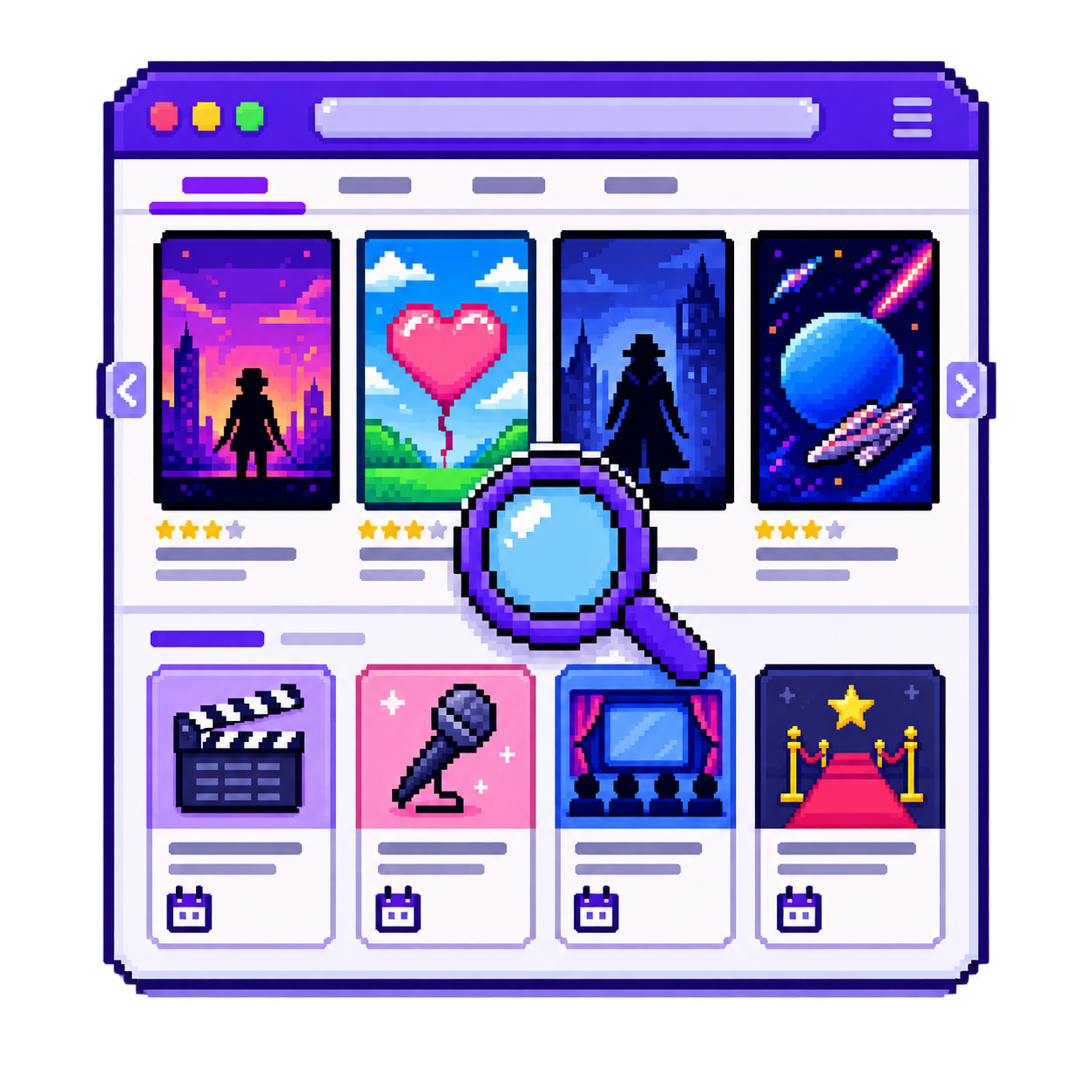 Pixel art illustration of Browse Movies & Events